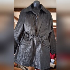 Elegant Black Leather Lined Coat for Women With Cinch Inside.